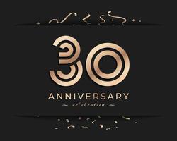 Diseño de estilo de logotipo de celebración de aniversario de 30 años. el saludo de feliz aniversario celebra el evento con múltiples líneas doradas y confeti aislado en la ilustración de diseño de fondo oscuro vector