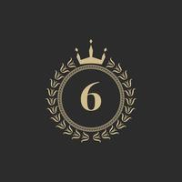 Number 6 Heraldic Royal Frame with Crown and Laurel Wreath. Simple Classic Emblem. Round Composition. Graphics Style. Art Elements for Logo Design Vector Illustration