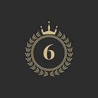 Number 6 Heraldic Royal Frame with Crown and Laurel Wreath. Simple Classic Emblem. Round Composition. Graphics Style. Art Elements for Logo Design Vector Illustration