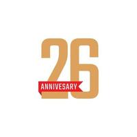 Celebración del aniversario de 26 años con vector de cinta roja. saludo de feliz aniversario celebra ilustración de diseño de plantilla