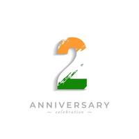 Celebración del aniversario de 2 años con barra blanca de pincel en azafrán amarillo y color verde de la bandera india. saludo de feliz aniversario celebra evento aislado sobre fondo blanco vector