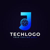 logotipo de la letra j de tecnología. forma geométrica azul con círculo de puntos conectado como vector de logotipo de red. utilizable para logotipos de negocios y tecnología.