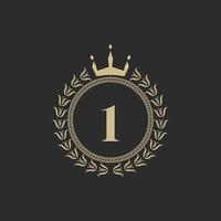 Number 1 Heraldic Royal Frame with Crown and Laurel Wreath. Simple Classic Emblem. Round Composition. Graphics Style. Art Elements for Logo Design Vector Illustration