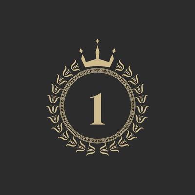 Number 1 Heraldic Royal Frame with Crown and Laurel Wreath. Simple Classic Emblem. Round Composition. Graphics Style. Art Elements for Logo Design Vector Illustration