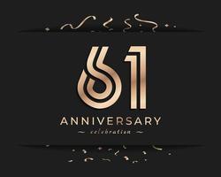 61 Year Anniversary Celebration Logotype Style Design. Happy Anniversary Greeting Celebrates Event with Golden Multiple Line and Confetti Isolated on Dark Background Design Illustration