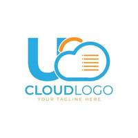 logotipo de tecnología en la nube. letra inicial u con nube y documento para el concepto de tecnología. señal meteorológica de software de datos vector