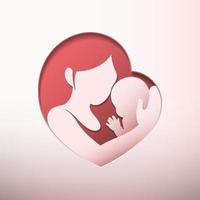 Mother holding baby in heart shaped silhouette paper cut vector