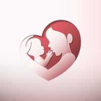 madre sosteniendo a un bebé en arte de papel de silueta en forma de corazón vector
