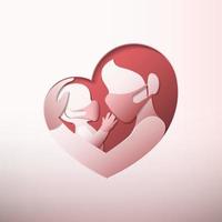 Mother holding baby with masks in heart shaped paper art vector