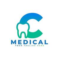 Dental Clinic Logo. Blue Shape Initial Letter C Linked with Tooth Symbol inside. Usable for Dentist, Dental Care and Medical Logos. Flat Vector Logo Design Ideas Template Element.