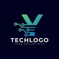 logotipo de la letra y tecnología. plantilla de logotipo vectorial futurista con color degradado verde y azul. forma geometrica. utilizable para logotipos de negocios y tecnología. vector