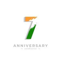 Celebración del aniversario de 7 años con barra blanca de pincel en azafrán amarillo y color verde de la bandera india. saludo de feliz aniversario celebra evento aislado sobre fondo blanco vector