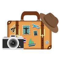 Suitcase with hat and camera vector