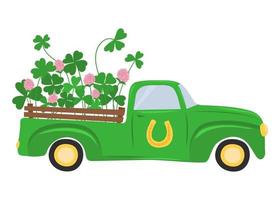 Retro Lucky Truck with clover leaves and flowers, Lucky Clover. Happy St. Patricks Day. vector