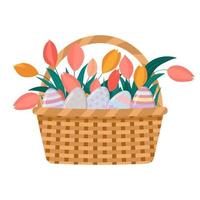 canasta con huevos de pascua y tulipanes de primavera. Felices Pascuas. vector
