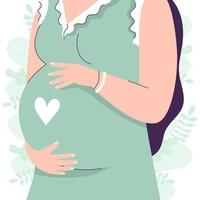 Beautiful pregnant woman in full growth holds hands on her belly. Gentle vector illustration of a female character. The concept of expecting a baby, pregnancy, motherhood.