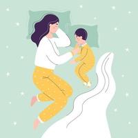 hermosa madre e hijo están durmiendo en la cama. el concepto de niños durmiendo junto con sus padres. ilustración de dibujos animados de vector plano