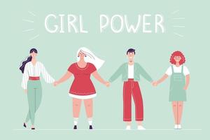 Different women stand in a row and hold hands. Female solidarity concept, girl power, body positive. Flat vector female characters