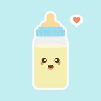 diseño plano del biberón de leche para bebés. divertidos personajes de botellas de leche con caras sonrientes, ilustración vectorial de dibujos animados aislada en el fondo de color. linda y kawaii botella de leche. vector