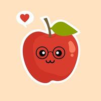 lindo y divertido personaje de manzana roja, mascota, elemento de decoración, ilustración vectorial de dibujos animados aislada en el fondo de color. personaje divertido de manzana roja, concepto de atención médica para niños. manzana kawaii vector