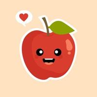 lindo y divertido personaje de manzana roja, mascota, elemento de decoración, ilustración vectorial de dibujos animados aislada en el fondo de color. personaje divertido de manzana roja, concepto de atención médica para niños. manzana kawaii vector