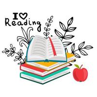 ilustración de libros. concepto de lectura con libros y manzana. Me encanta leer en estilo plano. libro abierto, pila de libros de texto con elementos florales. vector