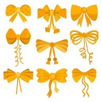 Set of decorative golden bows.  Cartoon gift ribbons satin for Christmas gifts, present cards and  pack isolated on white background. vector