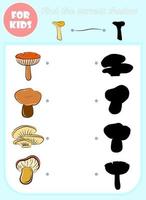 Find correct shadow vector cartoon template, educational game for kids, preschool learning concept book, doodle mushroom food shape isolated set, elementary choose page, matching game for children.