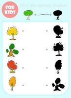 Find correct shadow vector cartoon template, educational game for kids, preschool learning concept book, doodle forest tree plant shape isolated set, elementary choose page, matching game for children