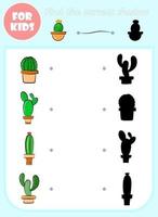 Find correct shadow vector cartoon template, educational game for kids, preschool learning concept book, doodle cactus flower shape isolated set, elementary choose page, matching game for children.