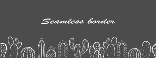 Vector seamless border banner template with cactus desert succulent plant outline sketch drawing, simple flat doodle illustration, horizontal web background or landing page design.