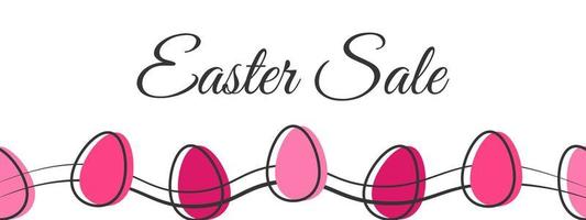 banner web de venta de pascua. plantilla vectorial aislada plana, huevo rosa con contorno negro, dibujo de fideos simple, ilustración de diseño de forma gráfica. fondo de celebración moderna. concepto de marketing de compras. vector