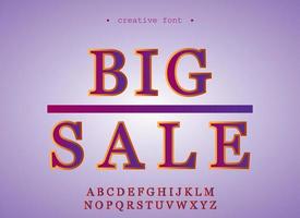 Big sale creative purple gold font template, letter set. Typography typescript vector collection. Trendy typo alphabet letters. Text symbol outline style, graphic violet design element.
