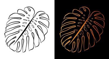 Monstera leaf outline icon, simple doodle sketch line art style, black and gold herbal botany set. Beauty elegant logo design element. Graphic isolated symbol drawing. Flat shape, wedding tattoo card. vector