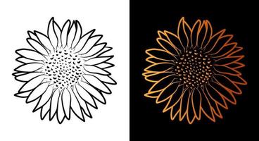 Sunflower flower outline icon, simple doodle sketch line art style, black and gold floral botany set. Beauty elegant logo design. Graphic isolated symbol drawing. Flat shape, wedding tattoo card. vector