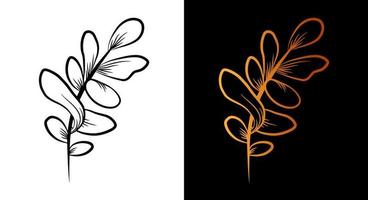 Herbal outline icon, simple doodle sketch line art style, black and gold branch botany set. Beauty elegant logo design element. Graphic isolated symbol drawing. Flat shape, wedding tattoo print card. vector