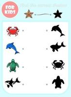 Find correct shadow vector cartoon template, educational game for kids, preschool learning concept book, doodle sea fish animal shape isolated set, elementary choose page, matching game for children.