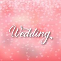 Hand written calligraphy lettering Wedding with brush. Pink gradient background with falling hearts confetti. Easy to edit vector template.