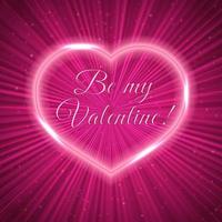 Be my Valentine Pink Valentines day greeting card with neon heart on shiny rays background. Romantic vector illustration. Easy to edit design template.