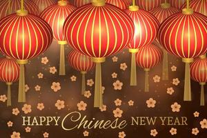 Chinese New Year vector illustration with lanterns and cherry blossom on bokeh background. Easy to edit design template for your projects. Can be used as greeting cards, banners, invitations etc.