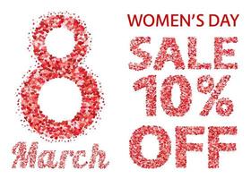 International Women's Day sale banner with letters and numbers of scattered hearts confetti. March 8 vector illustration isolated on white background.  Easy to edit design template.
