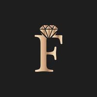letra dorada lujo f con símbolo de diamante. inspiración de diseño de logotipo de diamante premium vector
