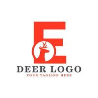 Orange Deer Logo Design. Orange Shape Initial Letter E with Head Deer Silhouette inside. Flat Vector Logo Design Ideas Template Element