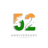 52 Year Anniversary Celebration with Brush White Slash in Yellow Saffron and Green Indian Flag Color. Happy Anniversary Greeting Celebrates Event Isolated on White Background vector