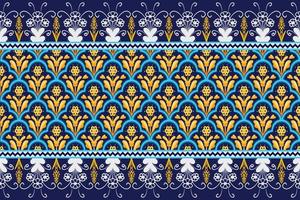 Yellow Flower on Navy Blue, White Geometric ethnic oriental pattern traditional Design for background,carpet,wallpaper,clothing,wrapping,Batik,fabric, vector illustration embroidery style