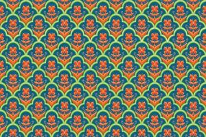 Orange Flower on Indigo Blue, Green Geometric ethnic oriental pattern traditional Design for background,carpet,wallpaper,clothing,wrapping,Batik,fabric, vector illustration embroidery style