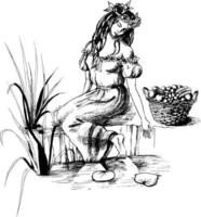 Beautiful girl is sitting near the pond. Vector black and white illustration. Hand drawn.