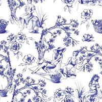 Seamless pattern in toile de jour style. Different hand drawn compositions with women. Texture for ceramic tile, wallpapers, wrapping gifts, web page backgrounds. Vector illustration