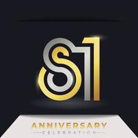 Celebración del aniversario de 81 años con varias líneas vinculadas de color dorado y plateado para eventos de celebración, bodas, tarjetas de felicitación e invitaciones aisladas en un fondo oscuro vector