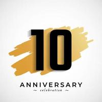 10 Year Anniversary Celebration with Gold Brush Symbol. Happy Anniversary Greeting Celebrates Event Isolated on White Background vector